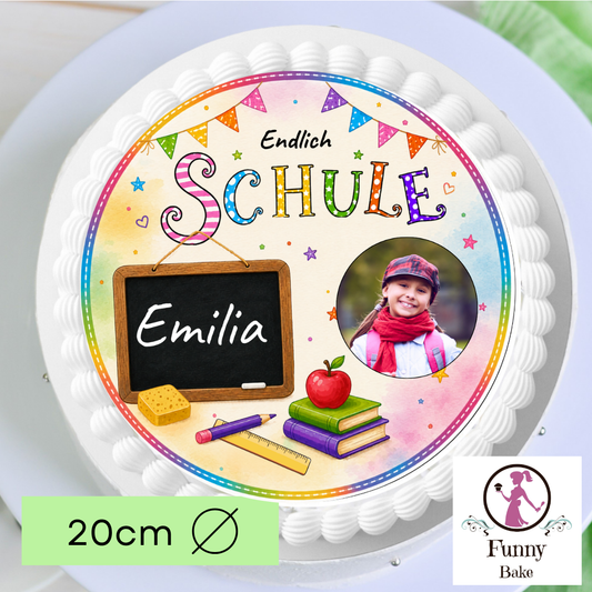 Tortenaufleger Einschulung bunt mit Foto personalisiert – Endlich Schule