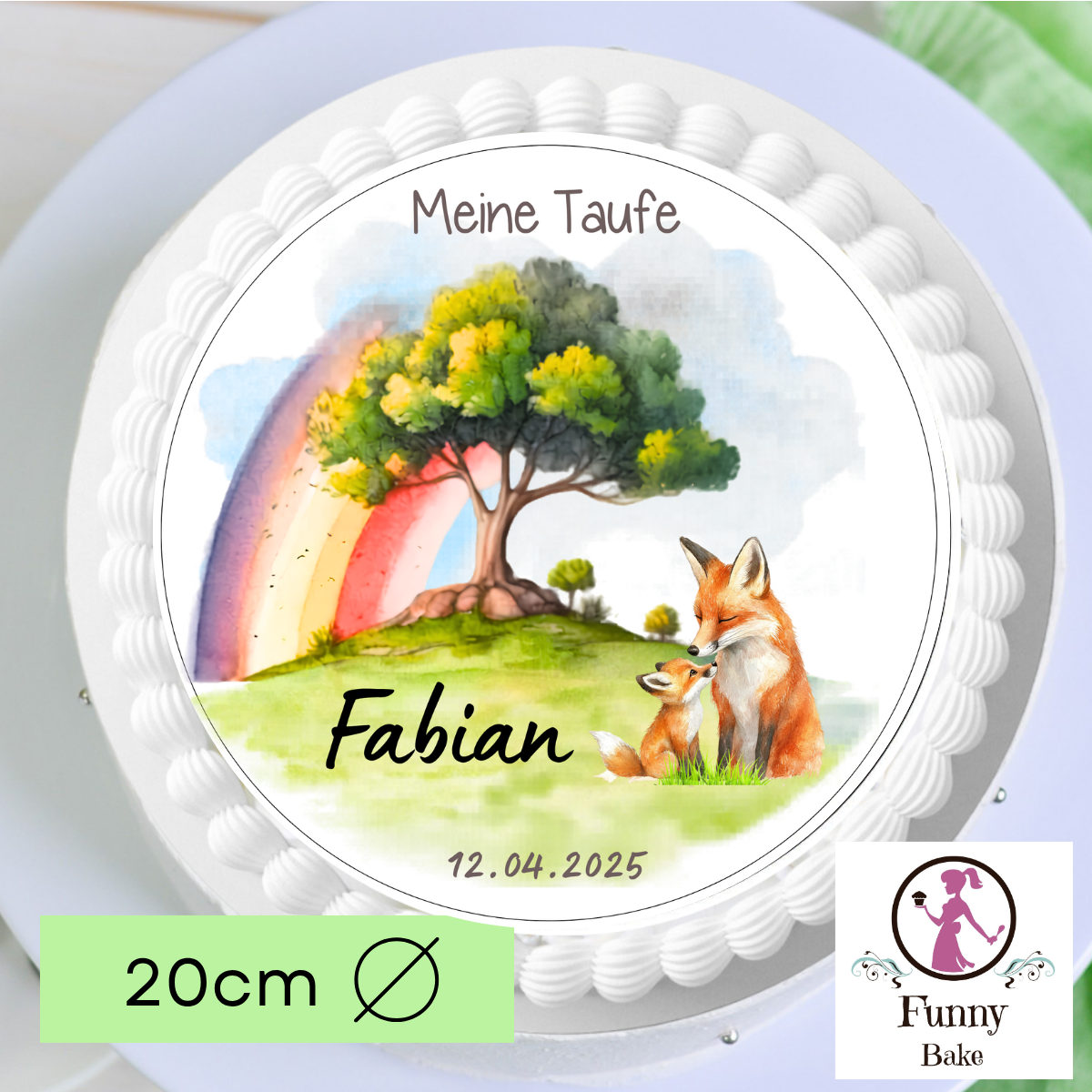 Tortenaufleger Taufe – Baum & Fuchs mit Regenbogen, personalisiert