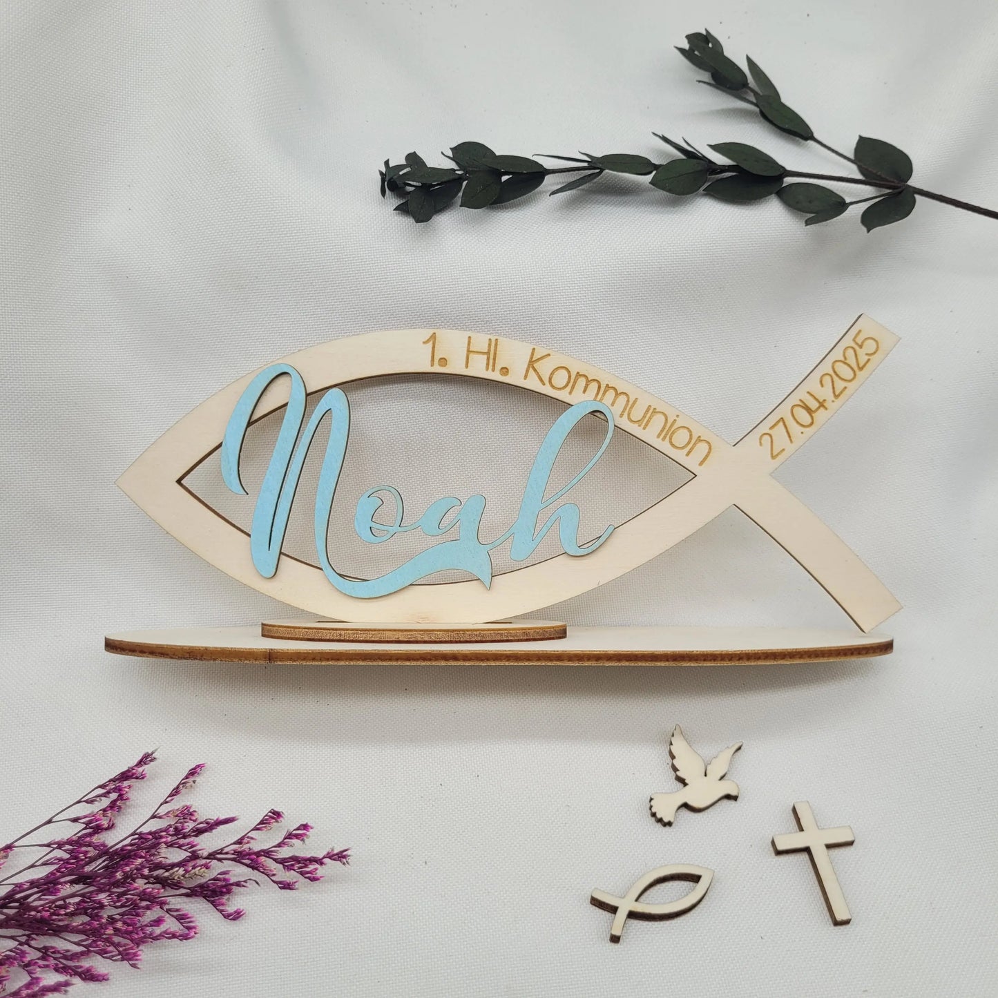Kommunion Fisch Holzdekoration mit Ständer - Funny Bake