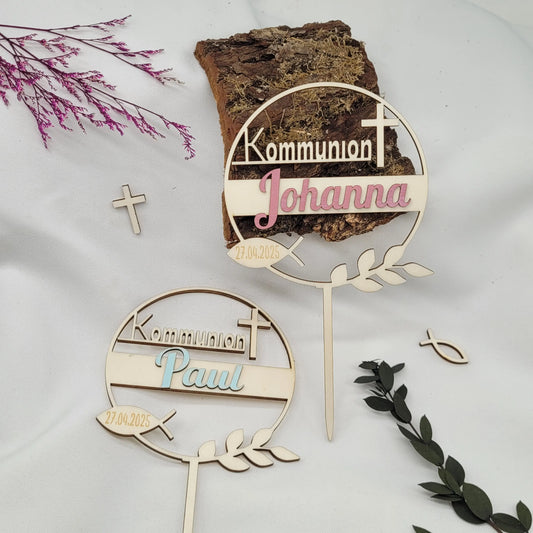 Tortenstecker-Kommunion-kreuz-Holz-Fisch-Name-altrosa