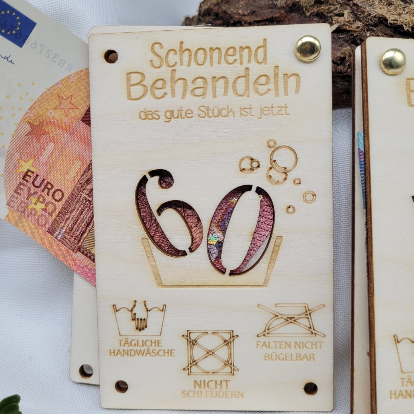 Geschenkkarte "Shonend behandeln" aus Holz Zahl nach Wunsch