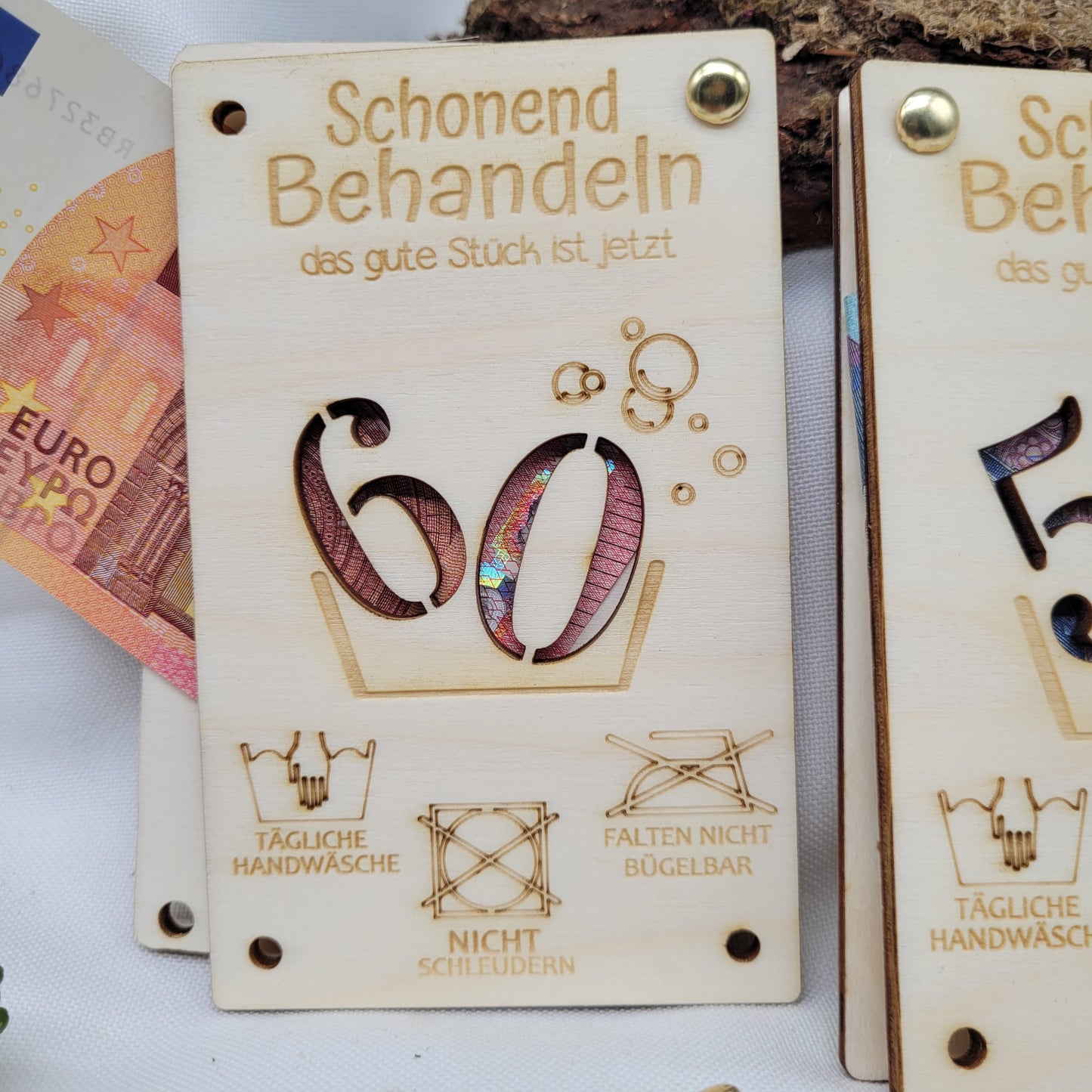 Geschenkkarte "Shonend behandeln" aus Holz Zahl nach Wunsch