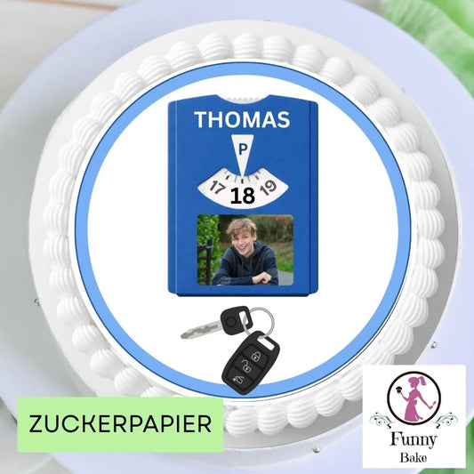 Tortenaufleger Volljährig – 18. Geburtstag Führerschein blau mit Foto Parkscheibe Funnybake-Backzubehör