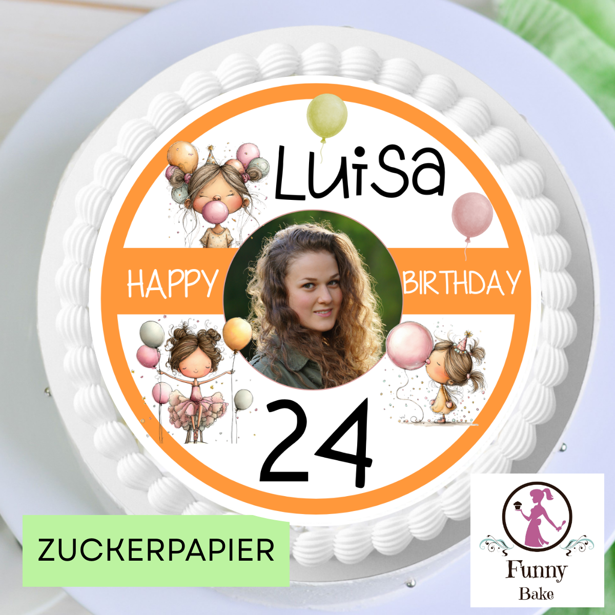 Tortenaufleger Geburtstag personalisiert mit Foto, Name & Zahl