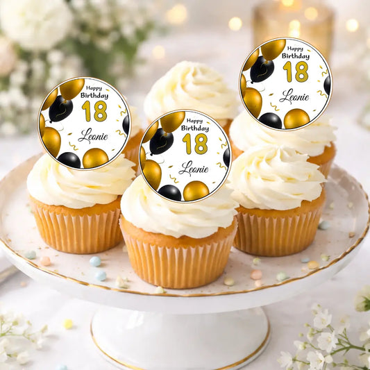 Muffinaufleger Happy Birthday mit ballon gold schwarz - 24 St. Funny Bake