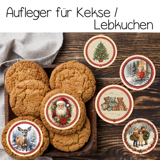 essbare romantische lebkuchen keksaufleger weihnachtsmann braun rot töne alte zeichnungen 
rund zum verzieren von keksen