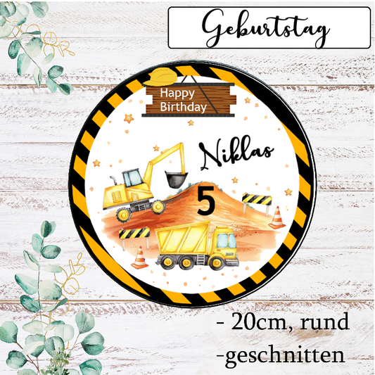 Tortenaufleger-Baustelle-Bagger-Laster-Kind-essbar-gelb-schwarz-Baustelle-Oblate-Happy-Birthday-junge