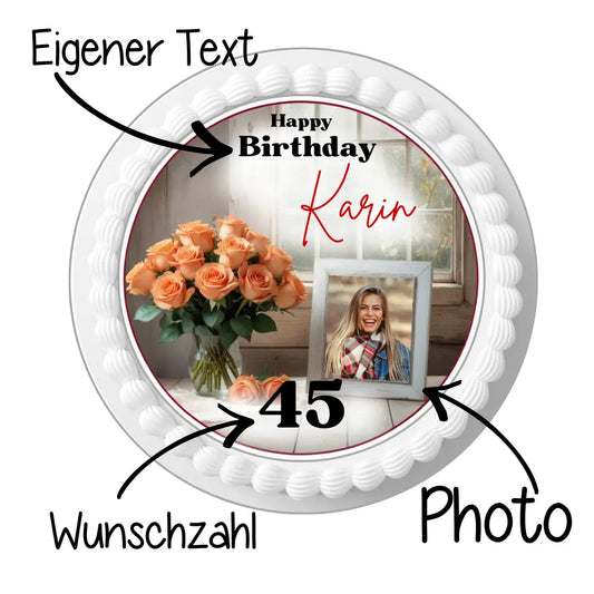 Tortenaufleger Blumenstrauss mit Foto – personalisiert mit Bild & Wunschtext Funny Bake