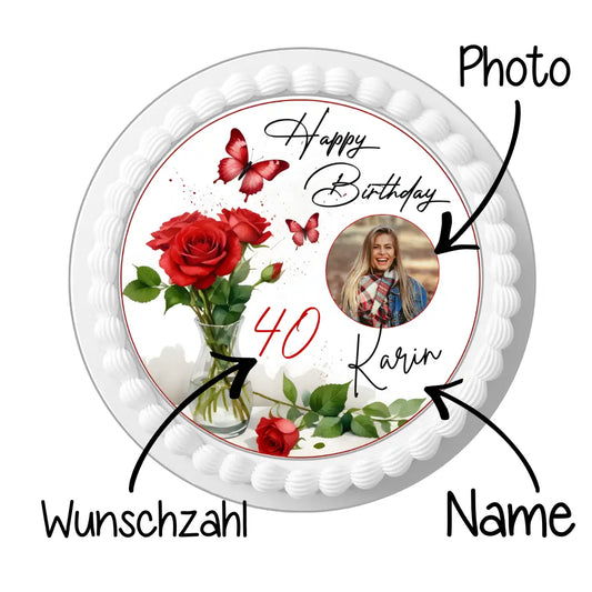 Tortenaufleger Rosenstrauß mit Foto – personalisiert mit eigenem Bild & Wunschtext Funnybake