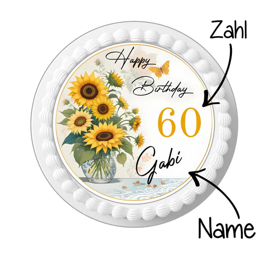 Tortenaufleger Sonnenblumen gemalt – personalisiert mit Name & Wunschzahl Funnybake