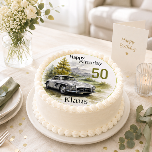 Tortenaufleger Happy Birthday Oldtimer & Autofan – personalisiert
