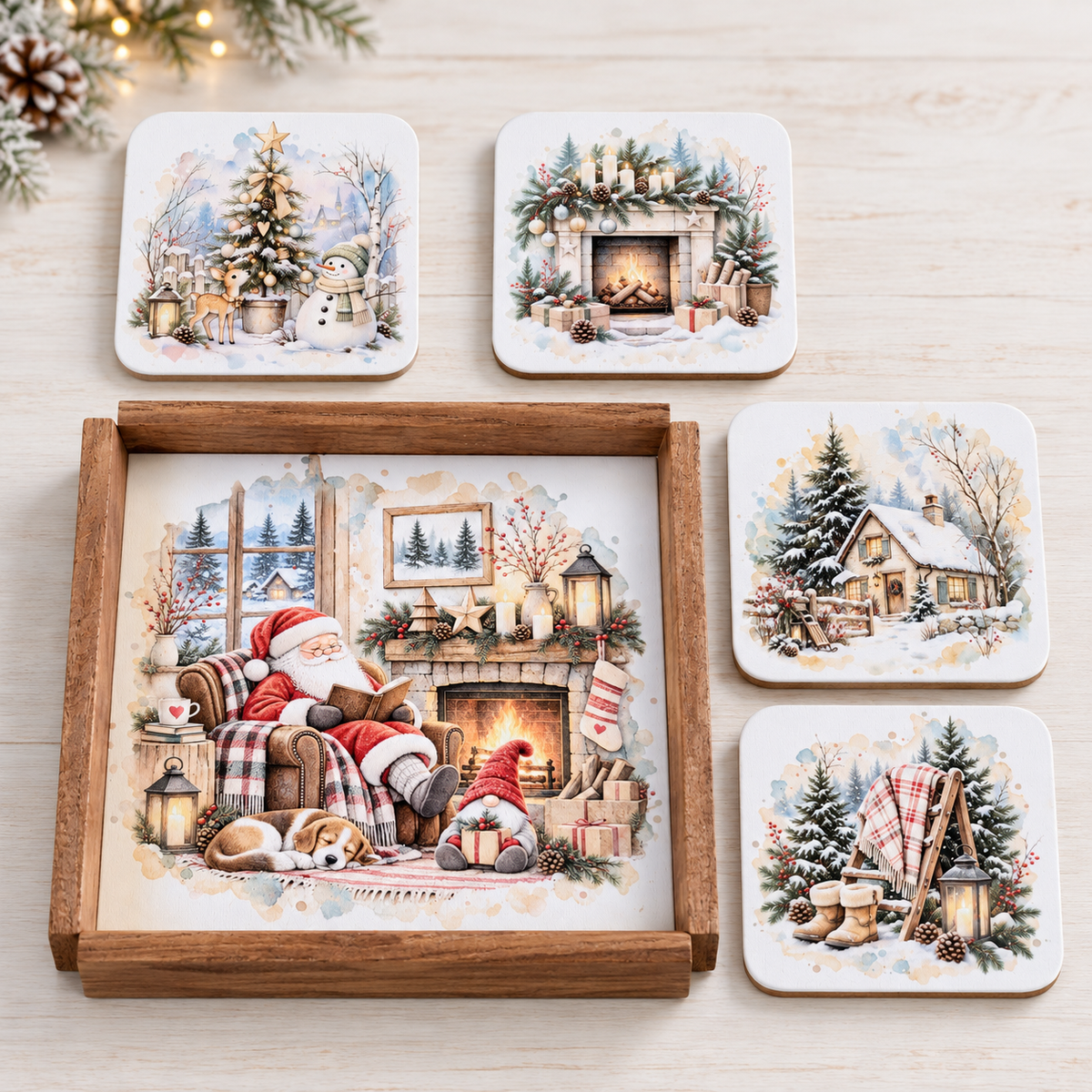 Holztablett-Set Weihnachten mit 4 Untersetzern – Wintermotive