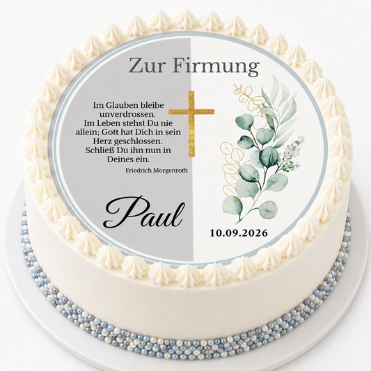 Tortenaufleger Firmung Eukalyptus Kreuz personalisiert