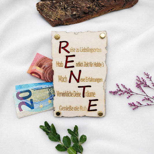 Holzkarte Rente Abschied Glückwunsch