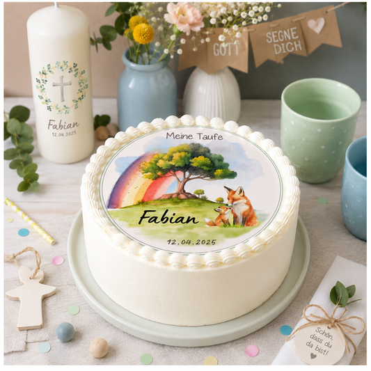 Tortenaufleger Taufe – Baum & Fuchs mit Regenbogen, personalisiert
