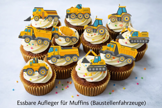 Muffin-Aufleger Baustelle Fahrzeuge aus Esspapier – Kindergeburtstag