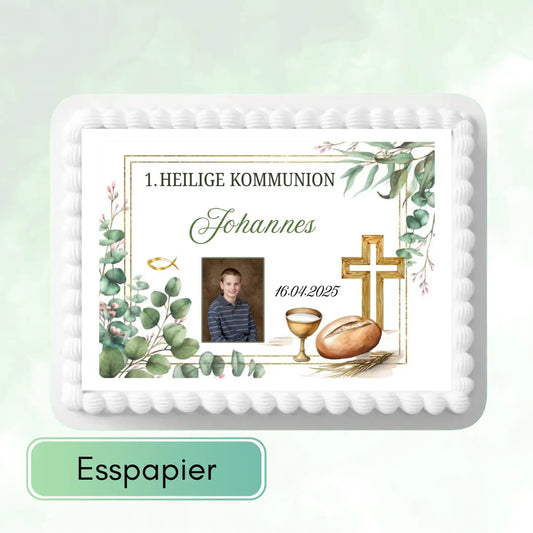 Tortenaufleger Kommunion eckig mit Bild, Name und Datum Funny Bake