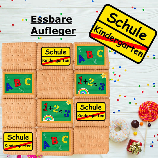 Schultafel-Eckig-Aufleger-Esspapier-Tortendeko-Einschulung-grün-gelb-Buchstaben-Zahlen