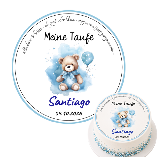 Tortenaufleger Taufe Junge Bär mit Ballon personalisiert