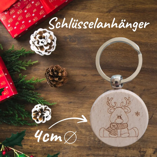 Holz-Schlüsselanhänger rund 4 cm, mit graviertem Rentier-Motiv und stabilem Metallring, Weihnachtsgeschenkidee.