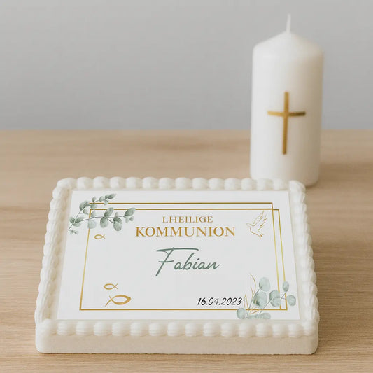 Tortenaufleger zur 1. Heiligen Kommunion – modern eckig mit Eukalyptus, Gold & Fischen Funny Bake