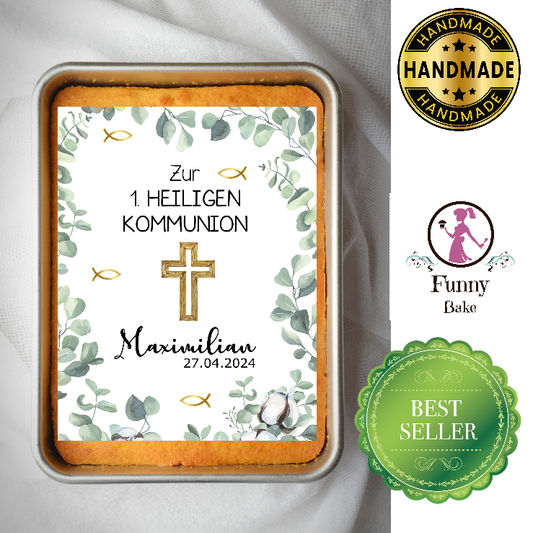 Tortenaufleger Kommunion Eukalyptus Kreuz Grün