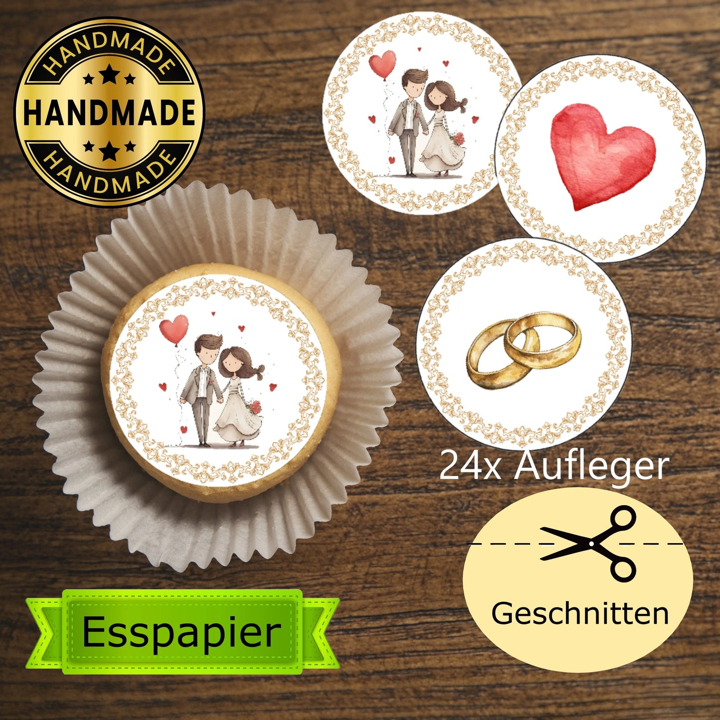 Muffinaufleger Hochzeit gezeichnete Elemente - Funny Bake
