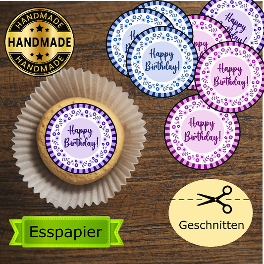 Muffinaufleger Happy Birthday lila/flieder/ blau