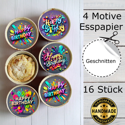 Muffin Aufleger Happy Birthday bunt  4 Motive 16 Stück