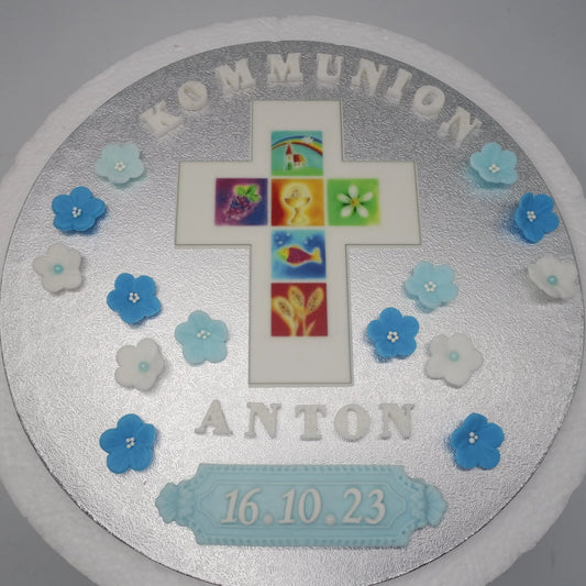 Tortendeko-essbar-Kommunion-Fondant-Kreuz-edel-blautöne