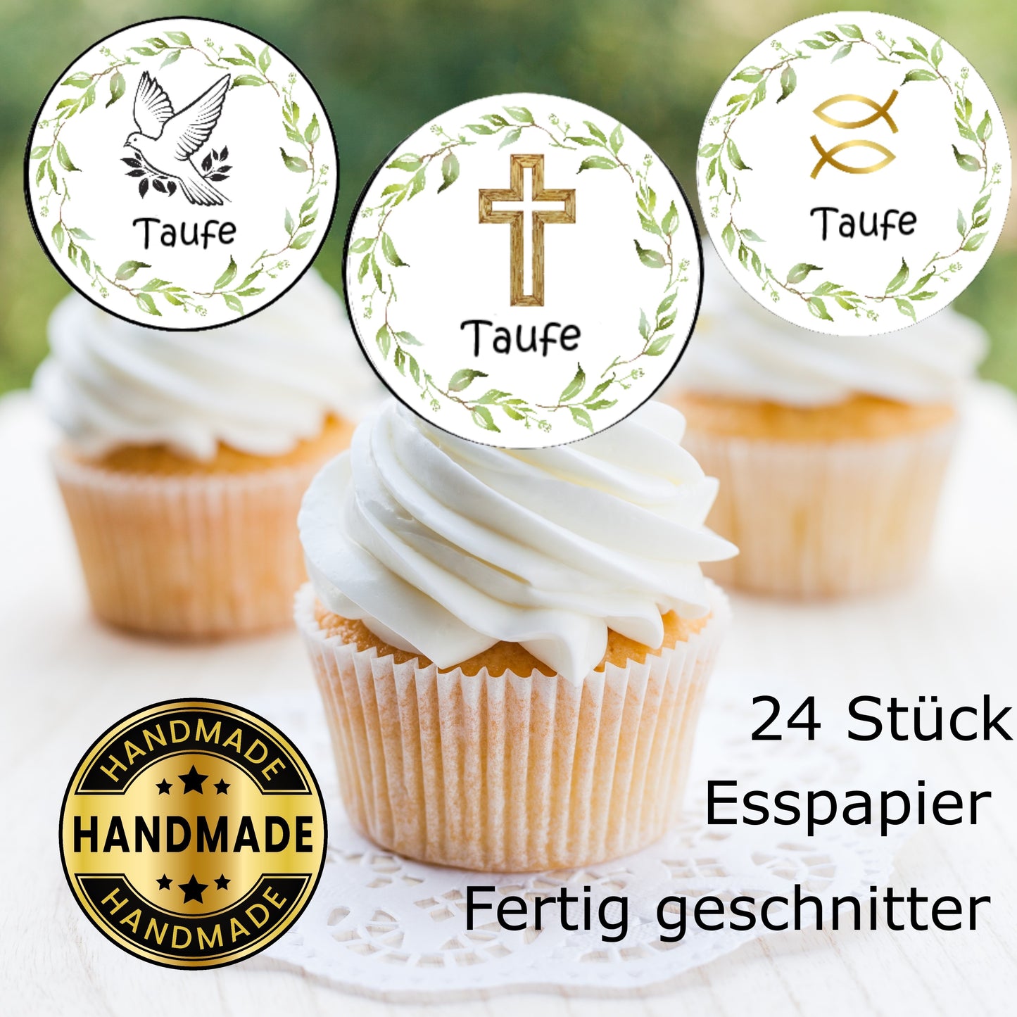 Muffinaufleger Taufe Taube-Kreuz-Fische