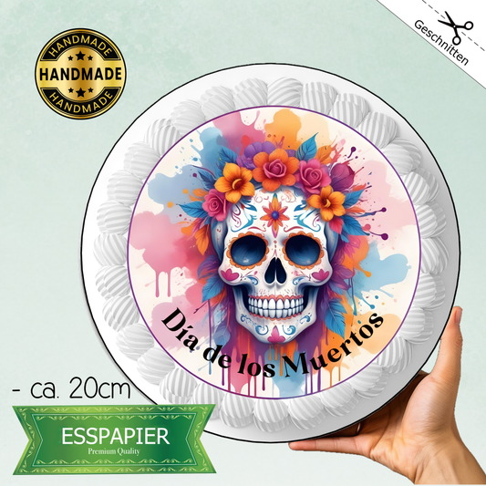 essbarer tortenaufleger und tortenkopf blumen rosa orange pink schrift dia de los muertos halloween