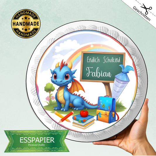 Tortenaufleger-Esspapier-blauer-Drache-Schultüte-Tortendeko-Ranzen-Regenbogen