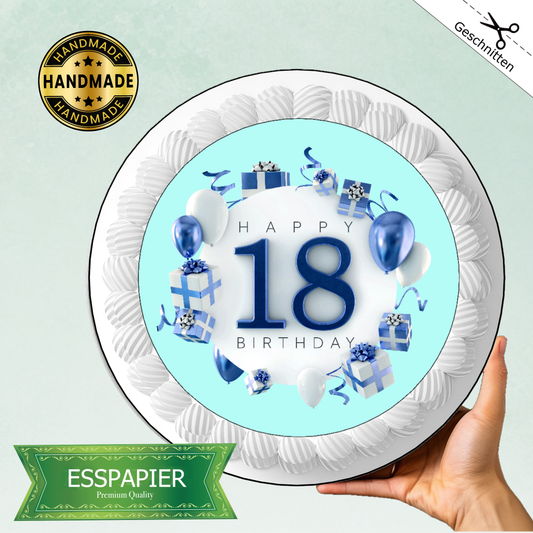 Kopie von Tortenaufleger Happy Birthday 18 blau, silber weiß