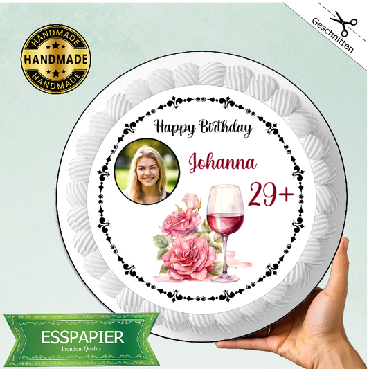 Tortenaufleger mit Photo - Weinglas und Blumen