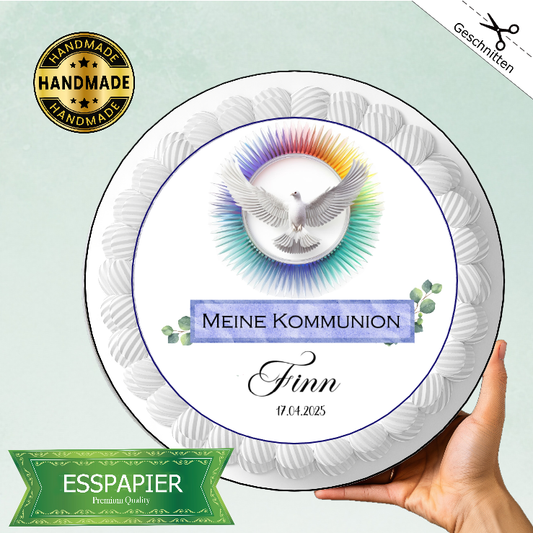 Tortenaufleger Kommunion Taube Regenbogen blau