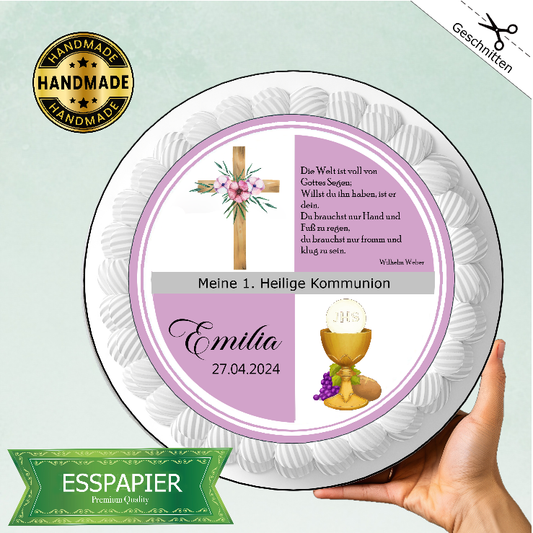 Tortenaufleger Kommunion altrosa mit Kelch und Kreuz