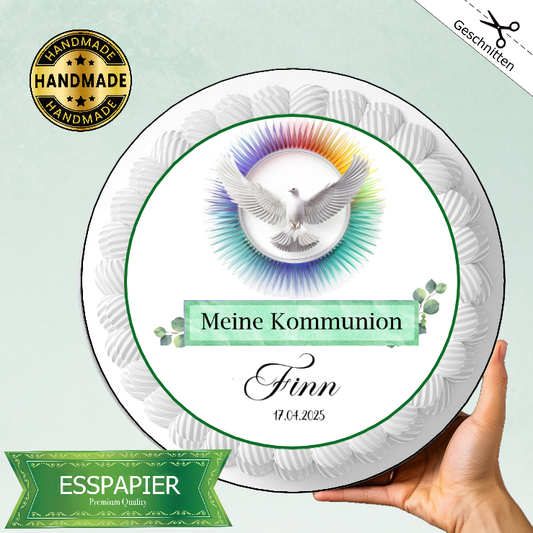 Tortenaufleger Kommunion Taube mit Banner grün
