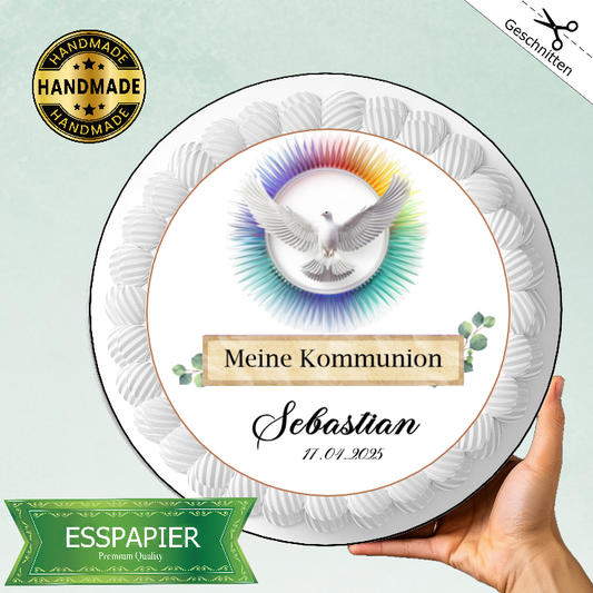 Tortenaufleger Kommunion mit Taube beige