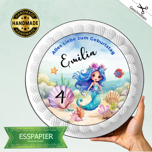 Tortenaufleger-Happy-Birthday-Nixe-Meerjungfrau-Essbar-Tortenbild-blau-rosa-seestern