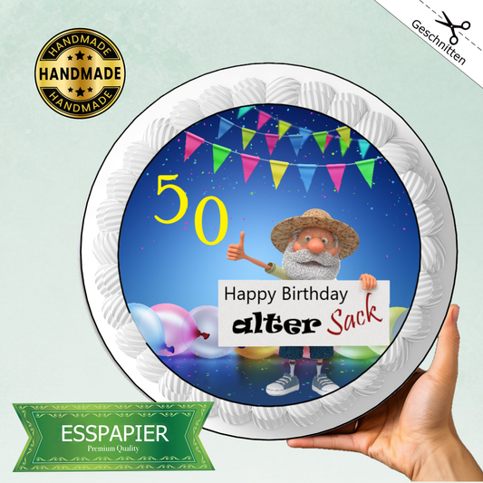 Tortenaufleger-alter-Sack-Opa-blau-gelb-Girlande-Wimpelkette-Ballon-rund-Tortenbild-essbar