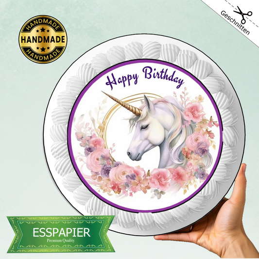 Tortenaufleger Einhorn - Edel mit Aquarellblumen