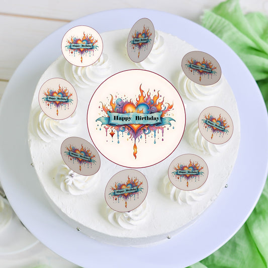 Tortenaufleger Set mit 12x Muffin Auflegern Happy Birthday