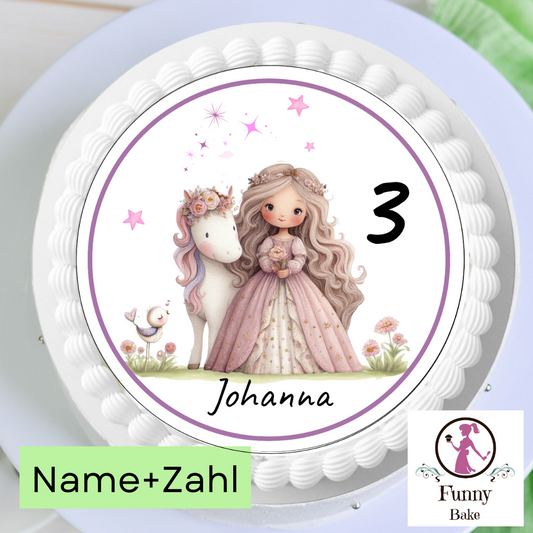 tortenaufleger prinzessin pferd pastellrosa flieder pink wunschzahl name blumen rund essbar 20cm durchmesser esspapier zuckerpapier