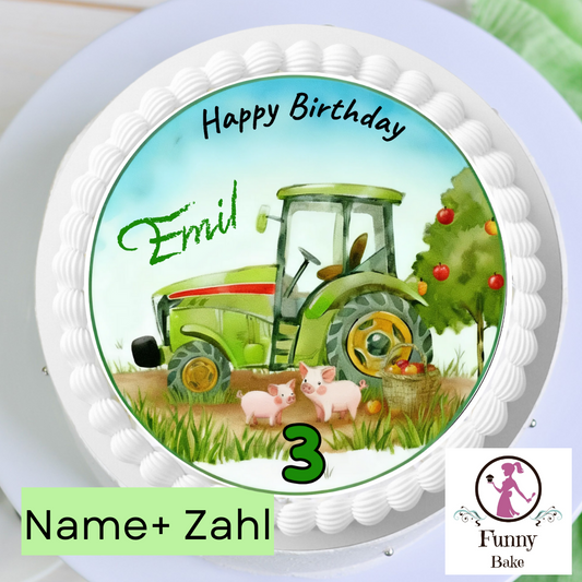 essbarer aufleger traktor grün wasserfarben schweinchen süß torte kuchen kindergeburtstag name wunschzahl apfelbaum  äpfeln