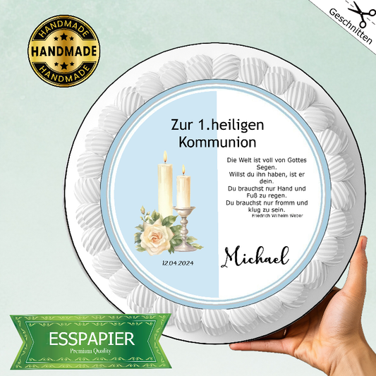 Tortenaufleger Kommunion blau mit Kerze