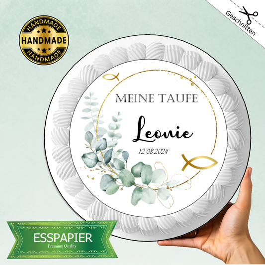 Tortenaufleger-Essbar-Taufe-gold-Eukalyptus-fisch-Tortenbild