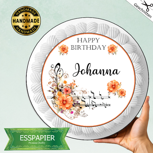 Tortenaufleger Happy Birthday mit Noten und Blumen