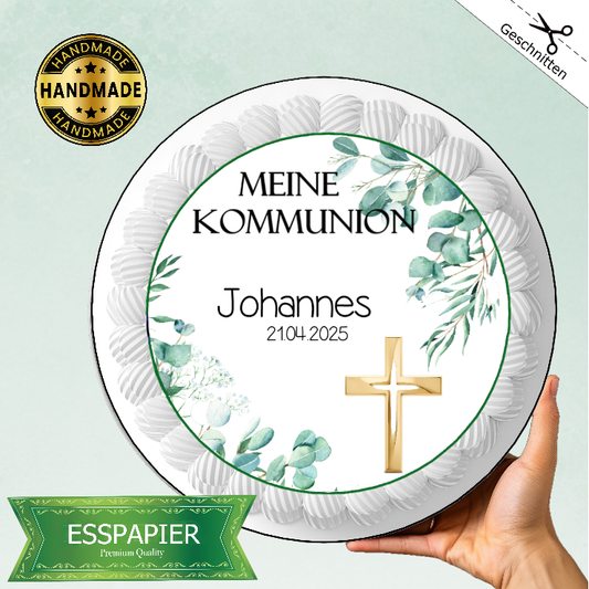 Tortenaufleger-Meine Kommunion- goldenes Kreuz Eukalyptus