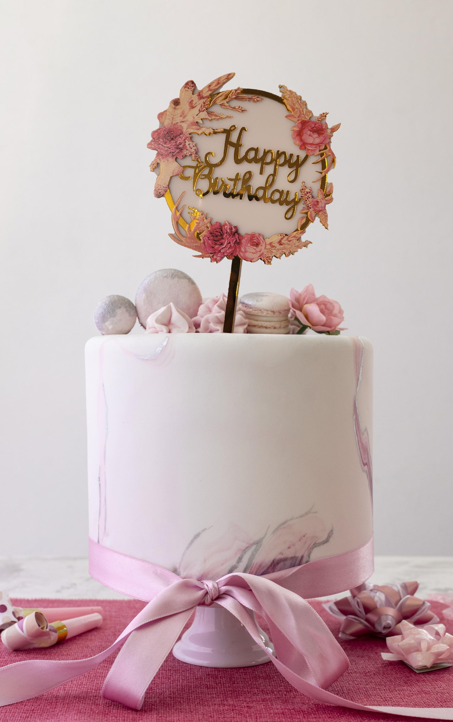 Tortenstecker Happy Birthday - Boho mit Federn und Blumen